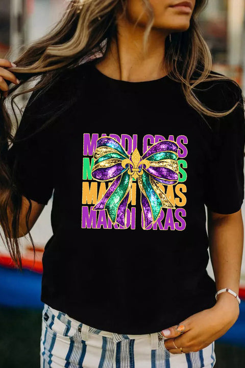 Black MARDI GRAS Fleur de Lis Bowknot Printed Crewneck Tee