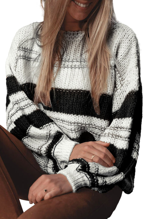 Black Stripe Striped Knit Puff Sleeve Casual Sweater