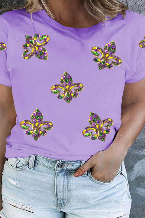 Orchid Petal Mardi Gras Fleur de Lis Patched Graphic Crewneck Plus Size Tee