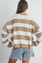 Light French Beige Colorblock Striped Drop Shoulder Side Slit Sweater