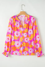 Rose Floral Print Flounce Sleeve Notched Neck Blouse