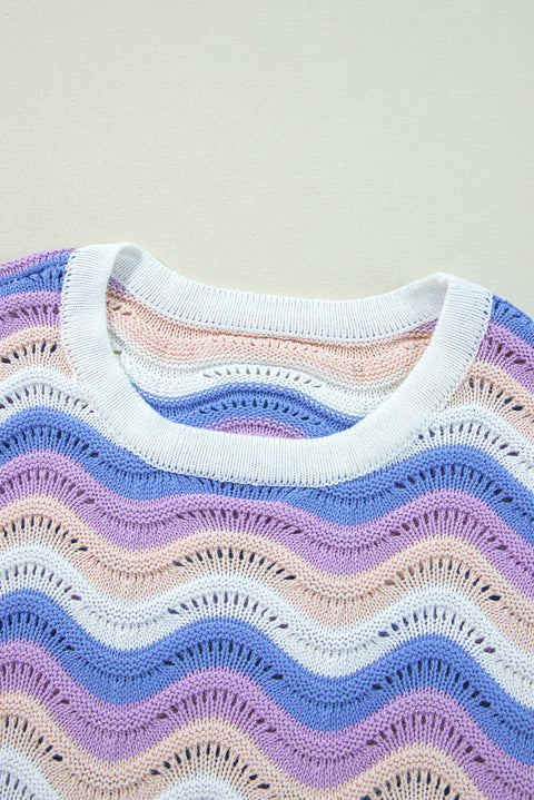 Purple Stripe Wavy Pointelle Knit Drop Shoulder Sweater