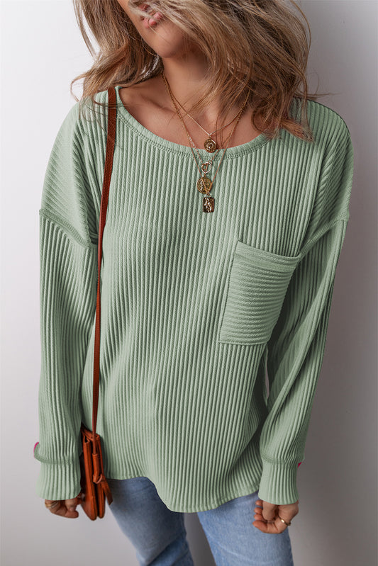 Clearly Aqua Solid Color Corded Drop Shoulder Long Sleeve Top