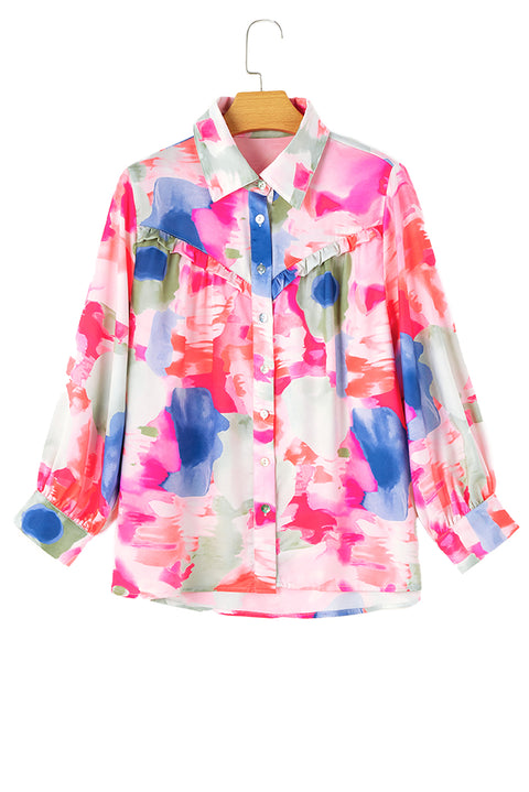 Multicolour Abstract Printed Lantern Sleeve Frilled Button Front Collared Shirt