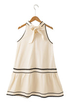 Khaki Stripe Ric Rac Trim Halter A-line Sleeveless Mini Dress