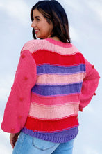 Pink Plus Size Striped Knit Pompom Puff Sleeve Sweater