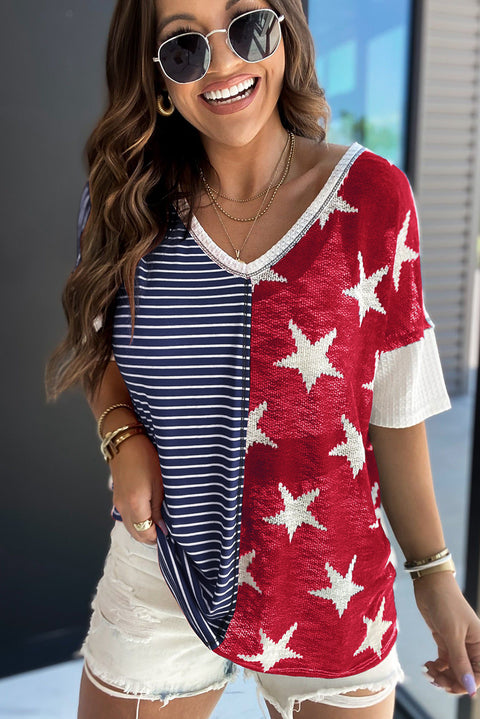 Multicolor Stripes Stars Print Knit Short Sleeves Top