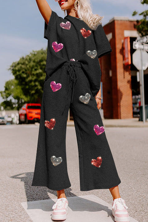 Black Shiny Heart Popping Graphic Textured 2pcs Outfit