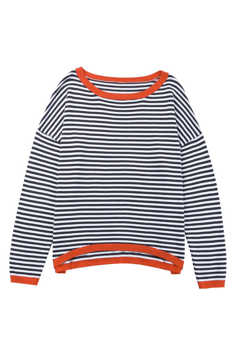 Contrast Trimmed Striped Drop Shoulder Sweater