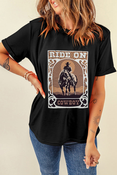 Black RIDE ON COWBOY Graphic Western Tee