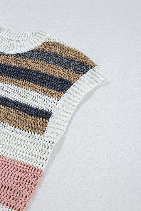 Pink Stripe Color Block Eyelet Knit Short Sleeve Sweater Tee