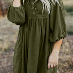 Vineyard Green Corduroy Snap Buttons Empire Waist Bracelet Sleeve Dress