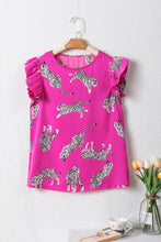 Rose Tiger Pattern Flutter Sleeve Crew Neck Blouse