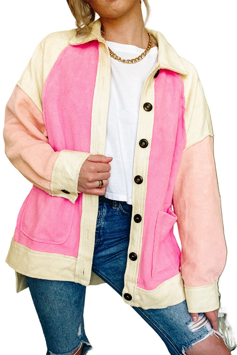 Rose Color Block Patchwork High Low Fleece Shacket