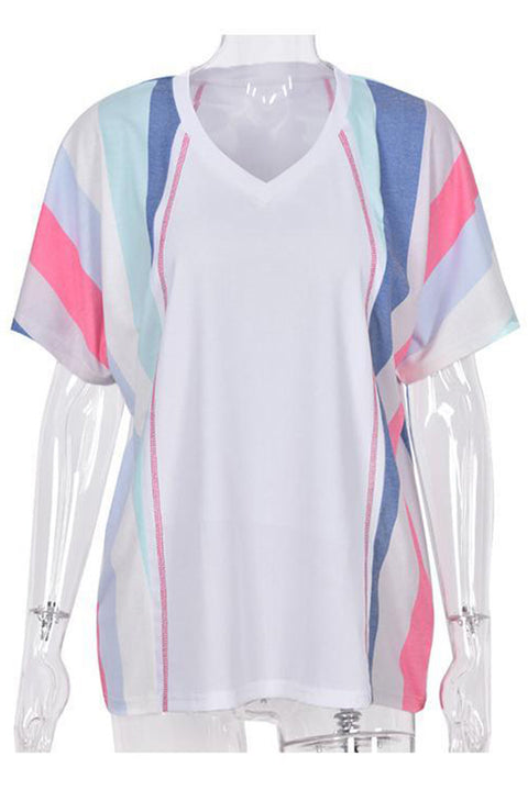 Stripe Patchwork V Neck T Shirt