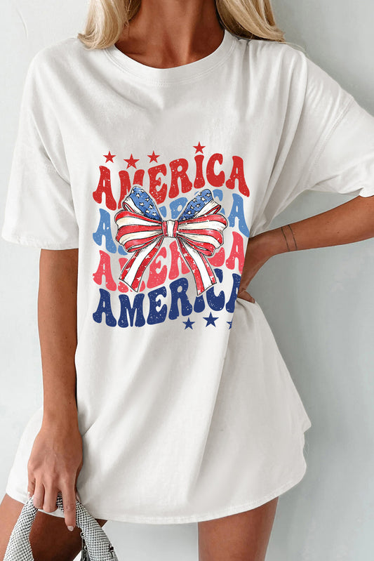 White AMERICA Star and Striped Bow Knot Graphic Tee