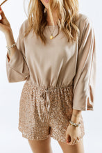 Khaki Sequin Patchwork Drawstring High Waist Romper