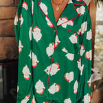 Green Christmas Santa Claus Print Satin Shirt and Shorts Set