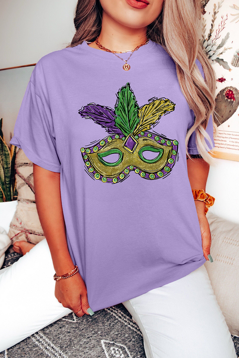 Wisteria Mardi Gras Mask Graphic Crew Neck Festival T Shirt