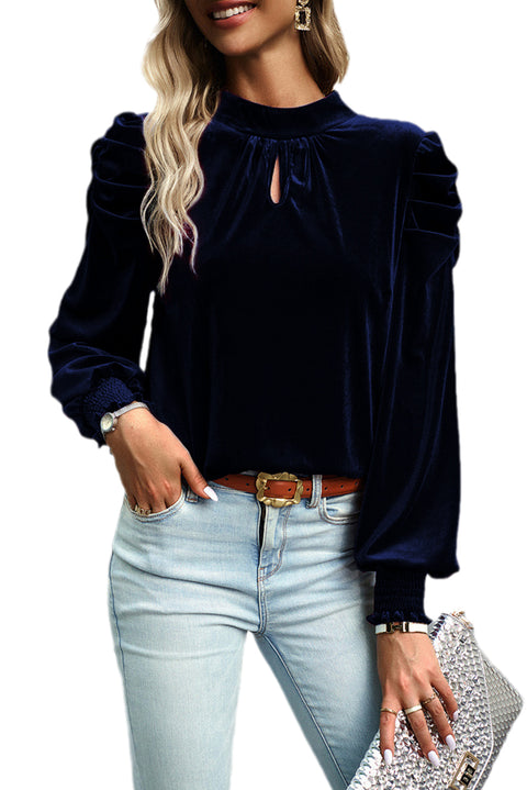 Navy Blue Mock Neck Puff Sleeve Velvet Blouse