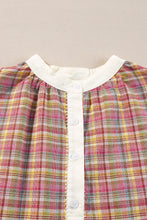 Pink Colorblock Plaid Patchwork Henley Blouse