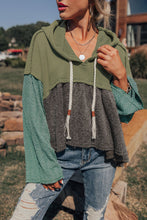 Laurel Green Mixed Textured Colorblock Patchwork Wide Sleeve Frayed High Low Hooded Top