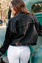 Black Sequin Sleeve Pocketed Raw Hem Denim Jacket