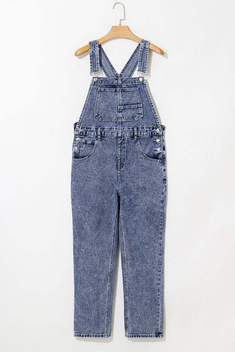 Sail Blue Denim Bib Straight Leg Jumpsuit with Pockets