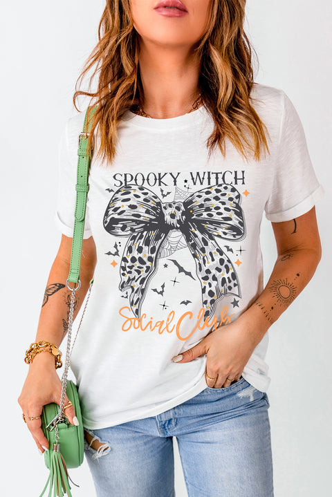 White SPOOKY WITCH Leopard Bowknot Bat Graphic Halloween T Shirt