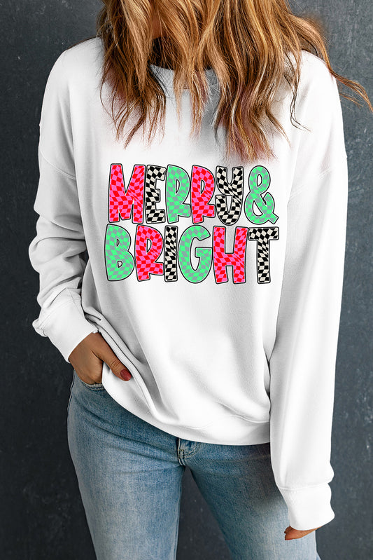 White MERRY & BRIGHT Checkered Print Crew Neck Sweatshirt