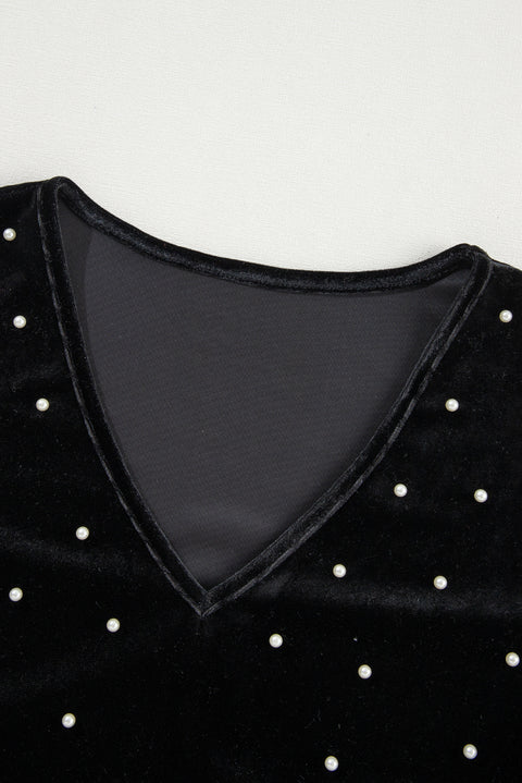 Black Velvet Beaded Long Sleeve V Neck Bodysuit