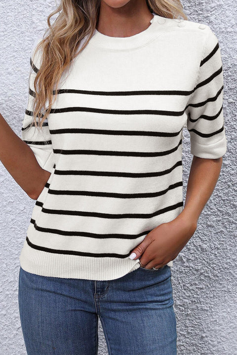 White Stripe Striped Half Sleeve Knitted Tee