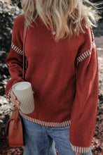 Red Dahlia Color Contrast Trim Drop Shoulder Crew Neck Sweater