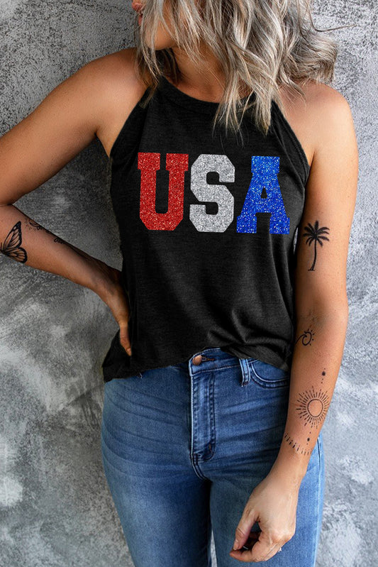 Black Glitter USA Letters Graphic Tank Top