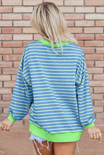 Sky Blue Stripe Contrast Trim High Low Pullover Tunic Sweatshirt