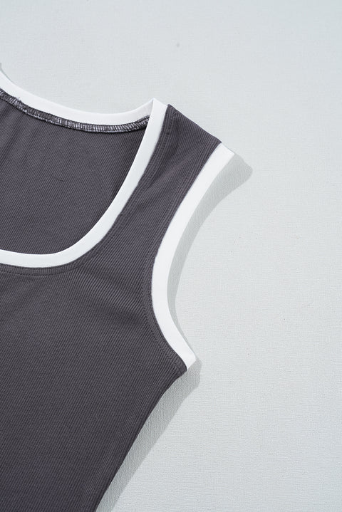 Carbon Grey Ribbed Knit Colorblock Edge U Neck Slim Fit Tank Top