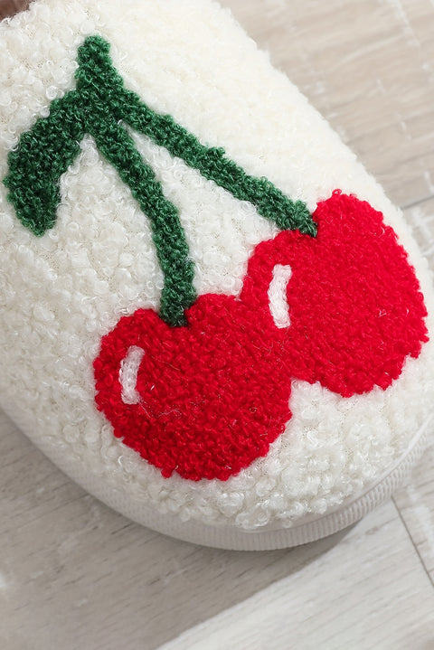 White Cute Fruit Cherry Pattern Winter Plush Slippers