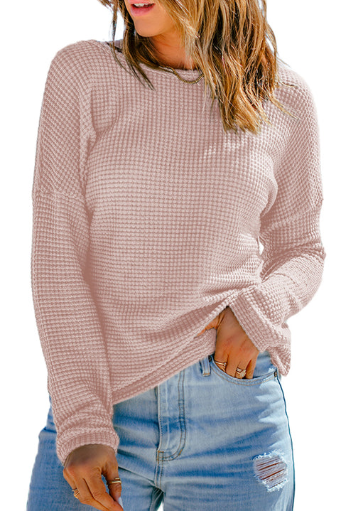 Light Pink Waffle Knit Drop Shoulder Long Sleeve Top