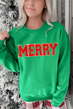 Dark Green Christmas Chenille MERRY Graphic Crew Neck Sweatshirt