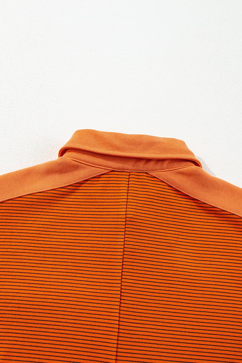 Orange Stripe Exposed Seam Henley Turn-down Neck Puff Sleeve Sweatshirt