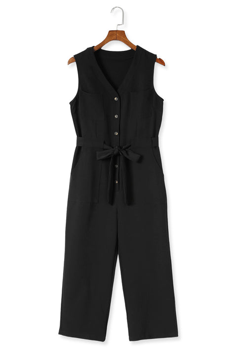 Buttoned Sleeveless Cropped Jumpsuit with Sash