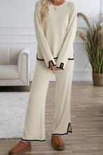 Apricot Contrast Trim Split Cuffs Long 2pcs Sweater Outfit Loungewear