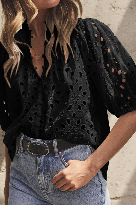 Black Flower Embroidered Hollow-out Puff Sleeve Blouse