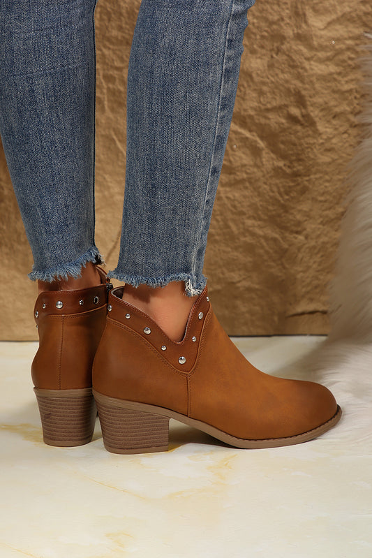 Chestnut Studded Faux Leather Chunky Heel Ankle Boots