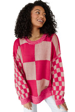 Rose Red Mixed Checkered Pattern Drop Shoulder Loose Sweater