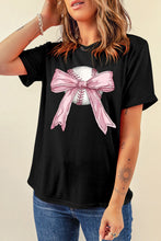 Black Baseball Bow Knot Print Round Neck T Shirt