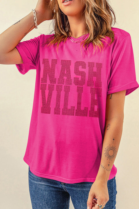 Rose Red NASHVILLE Rhinestone Crew Neck Graphic Tee