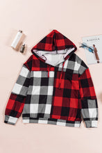 Multicolor Contrast Color Plaid Drawstring V Neck Hoodie