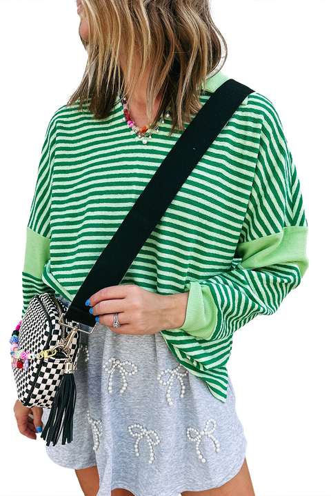 Green Stripe Turn-Down V Neck Patchwork Loose Top