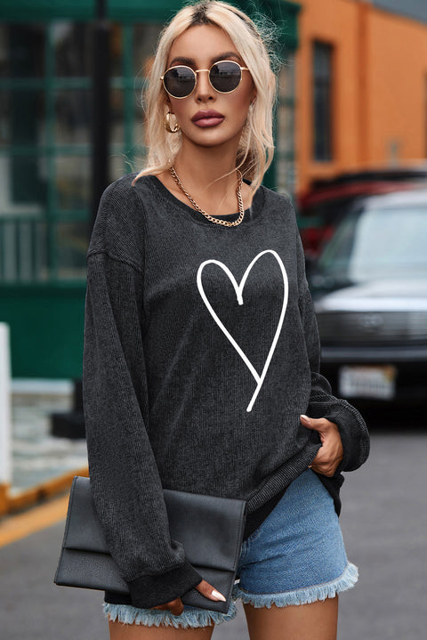 Black Valentine Big Heart Shape Corded Oversized Sweatshirt